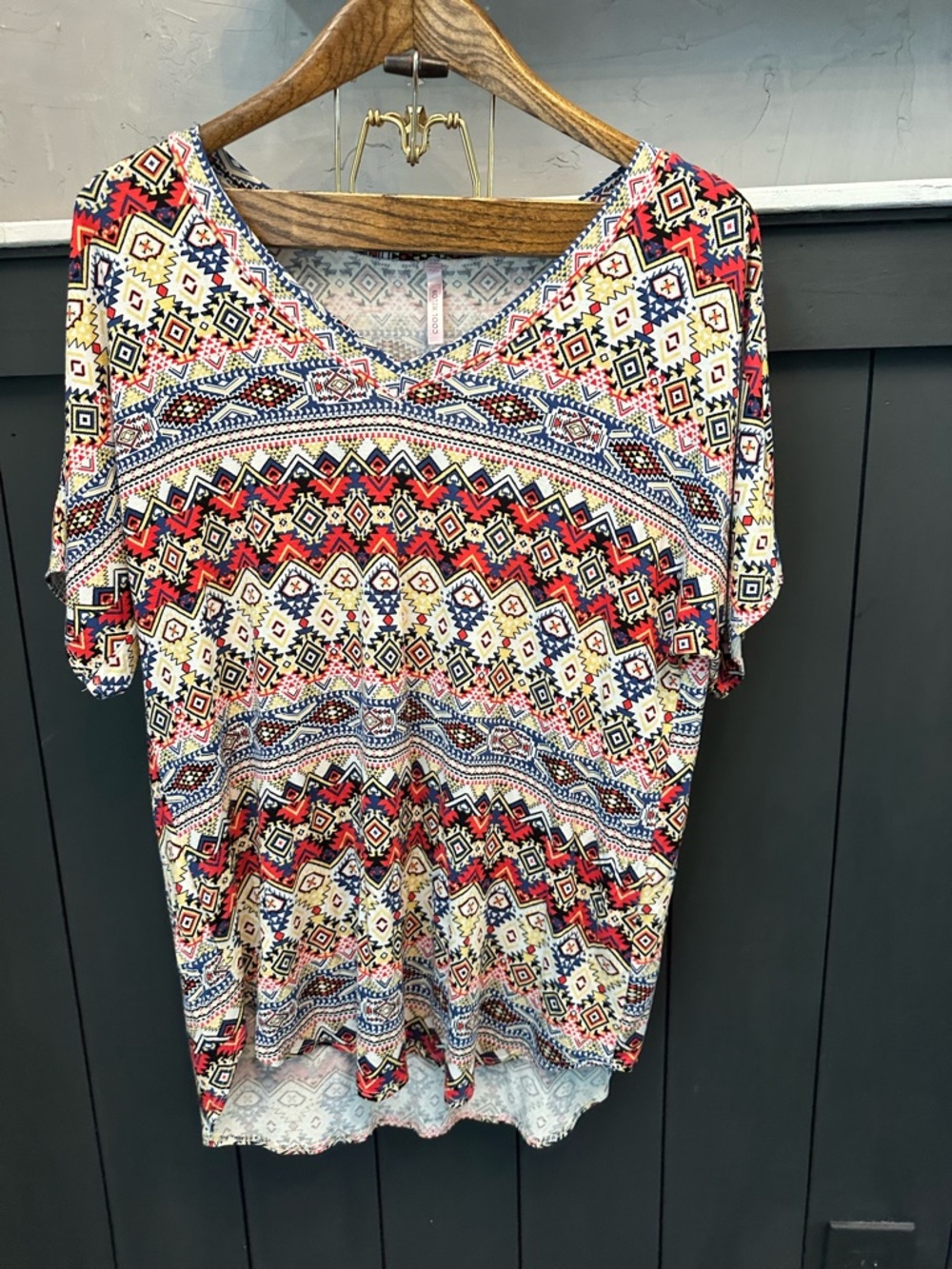 Cool Melon Boho Geometric Print Short Sleeve Top Red & Blue Multicolor XL